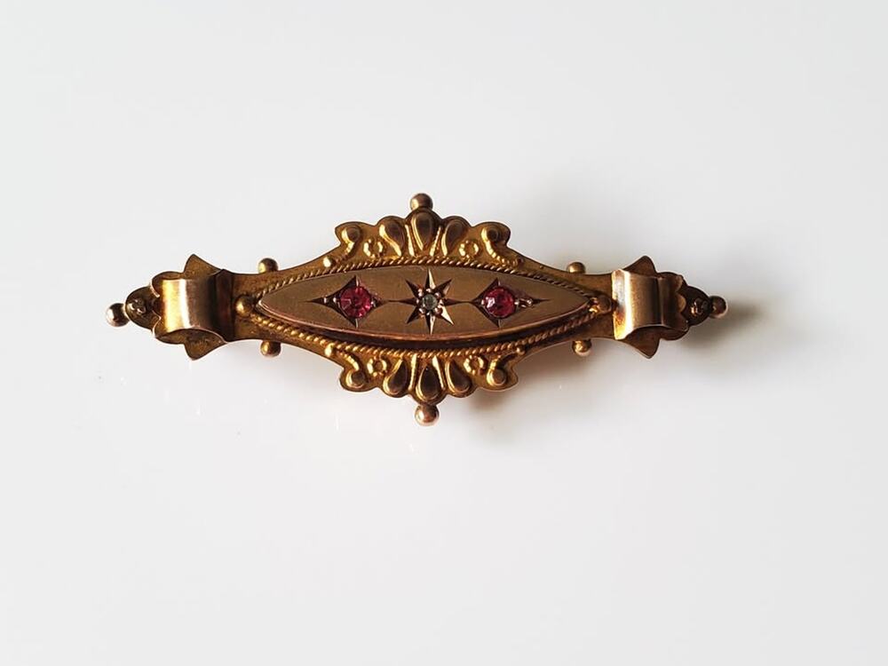 9 KT Gold Early 1900s Antique England Art Deco Ruby and Diamond C- Clasp Brooch